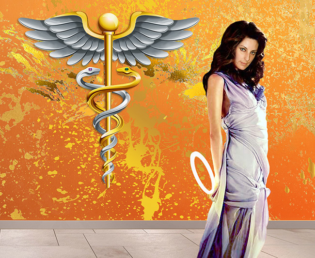 Donna Darkwolf posing in front of her Caduceus
